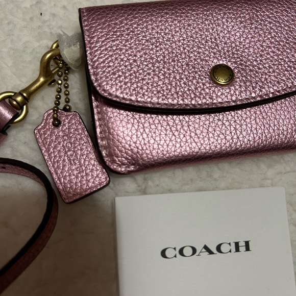 COACH Metallic Pebbled Leather Pink Card Pouch - Picture 2 of 5